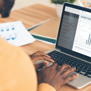 Businessman At Laptop Working With Internet Marketing Charts In Office